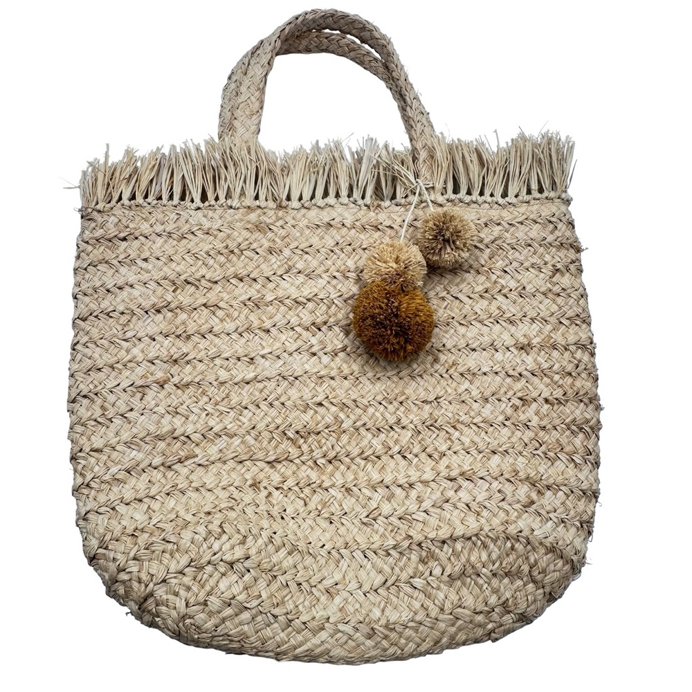 NEW - Barneys New York Straw Tote Bag Natural Straw Tote Bag with Pom Poms